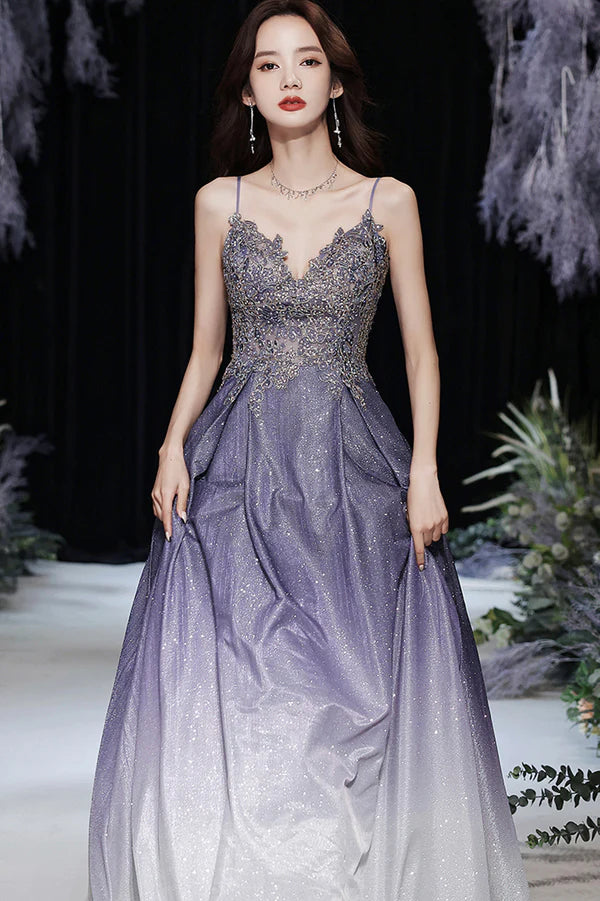 Purple V-Neck Lace Long Prom Dress Purple Gradient Party Dress with