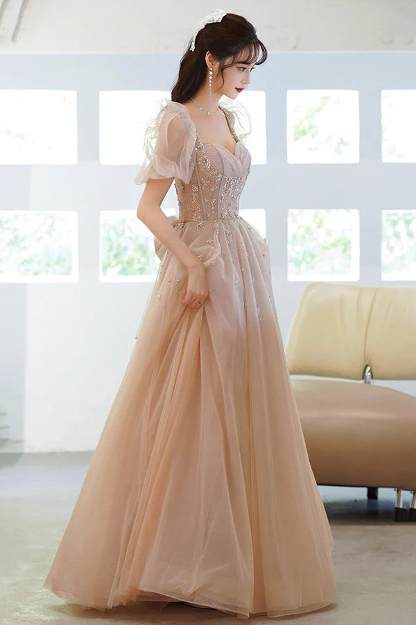 Cute Tulle Beaded Long Prom Dress A-Line Short Sleeve Evening Dress with Bow