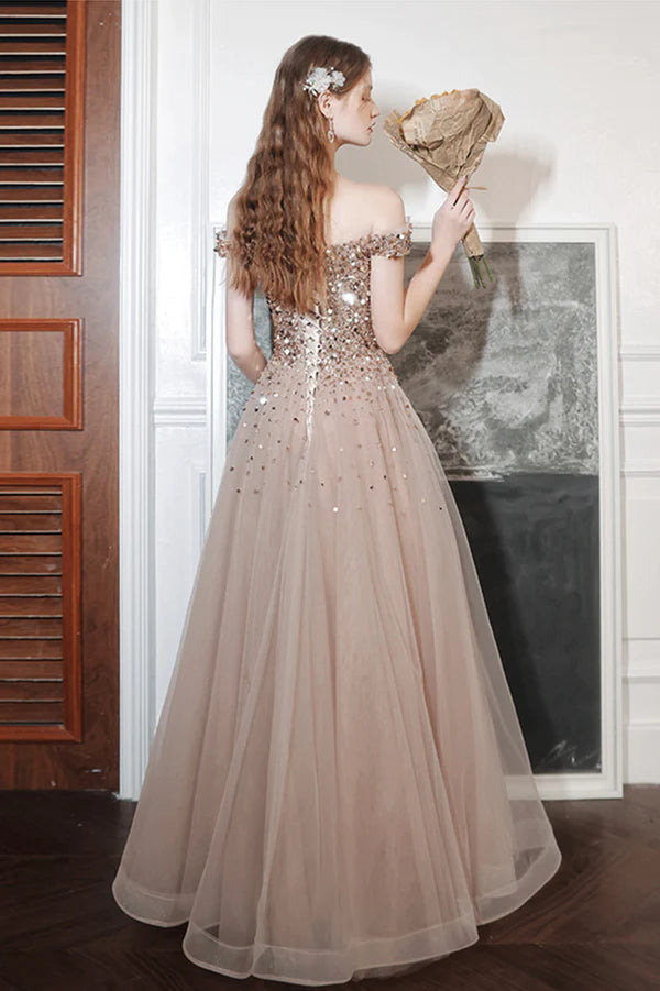 A-Line Tulle Long Prom Dress with Sequins Lovely Off the Shoulder Evening Dress