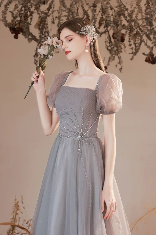 Gray Tulle Beaded Long Prom Dress Lovely Short Sleeve Evening Graduation Dress