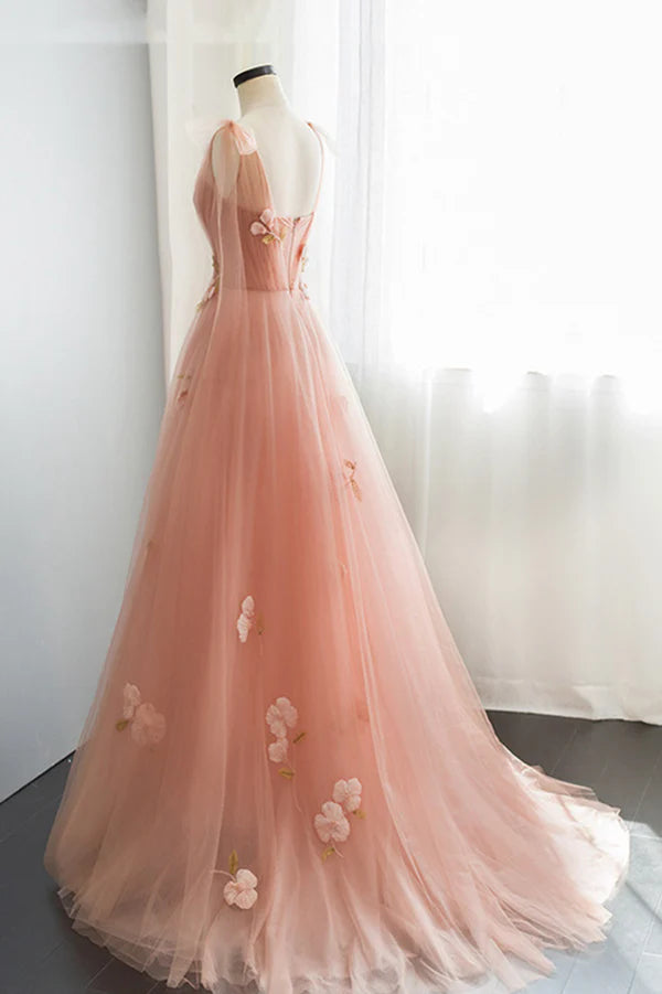 Pink Tulle Long A-Line Prom Dress Cute Graduation Dress