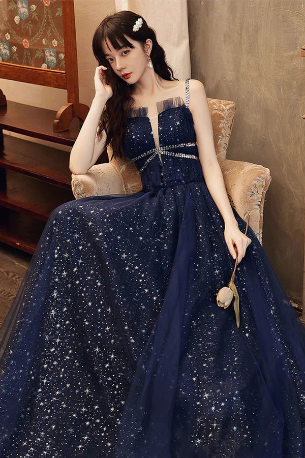 Blue Spaghetti Strap Tulle Prom Dress A-Line Evening Graduation Dress
