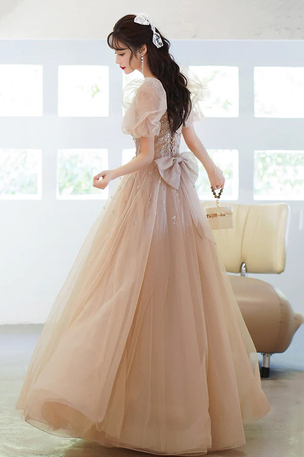 Cute Tulle Beaded Long Prom Dress A-Line Short Sleeve Evening Dress with Bow