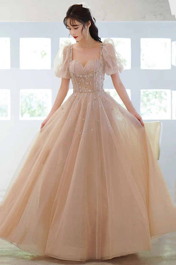 Cute Tulle Beaded Long Prom Dress A-Line Short Sleeve Evening Dress with Bow