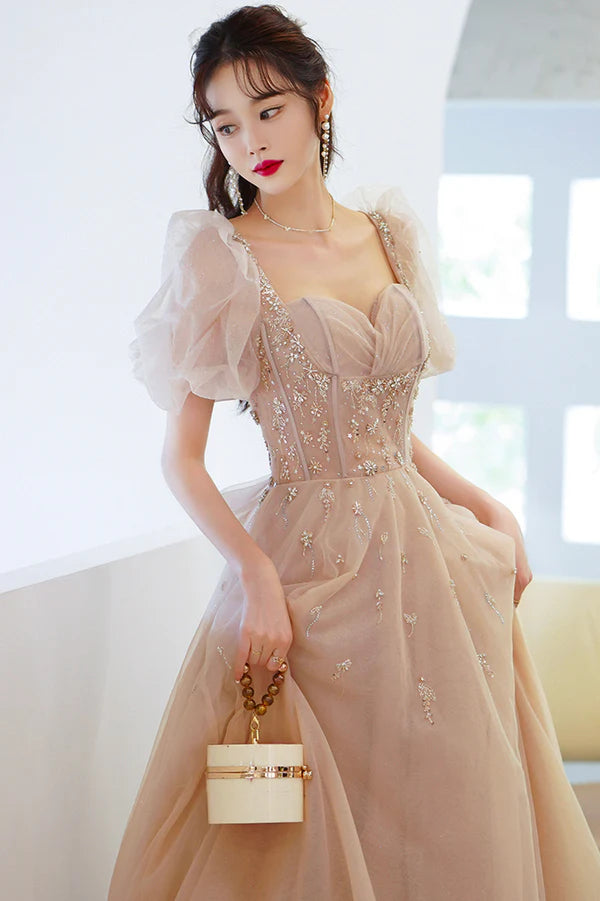 Cute Tulle Beaded Long Prom Dress A-Line Short Sleeve Evening Dress with Bow