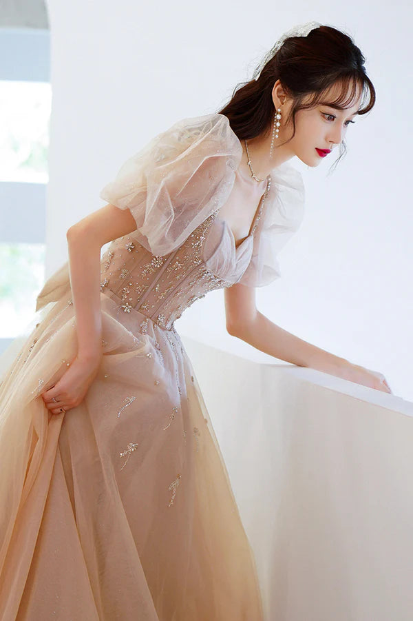 Cute Tulle Beaded Long Prom Dress A-Line Short Sleeve Evening Dress with Bow