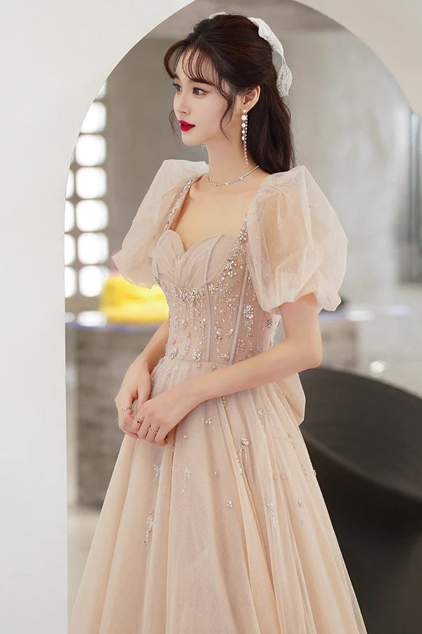 Cute Tulle Beaded Long Prom Dress A-Line Short Sleeve Evening Dress with Bow