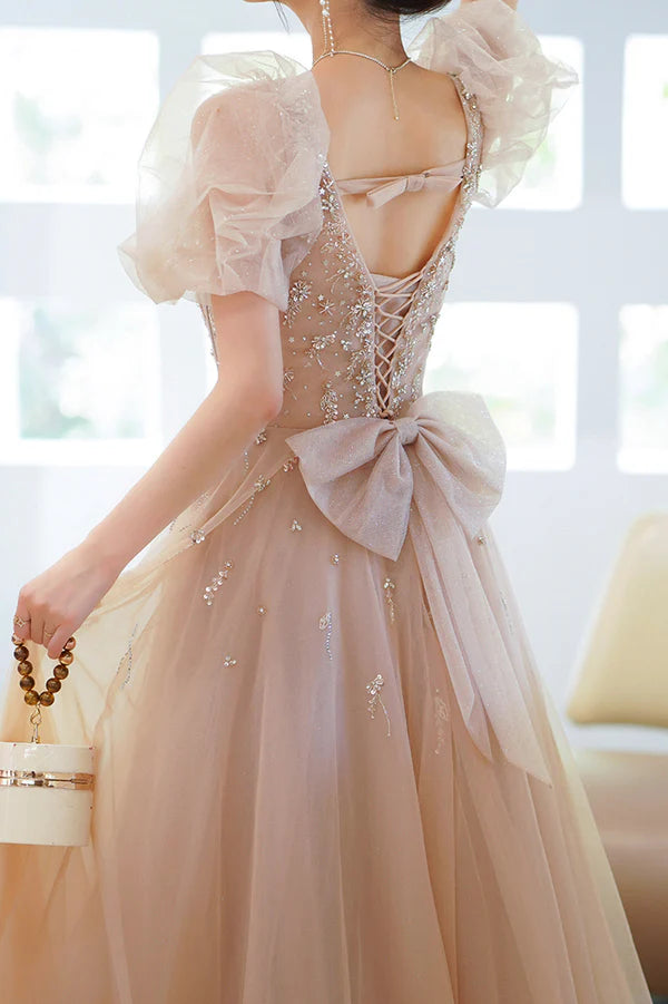 Cute Tulle Beaded Long Prom Dress A-Line Short Sleeve Evening Dress with Bow