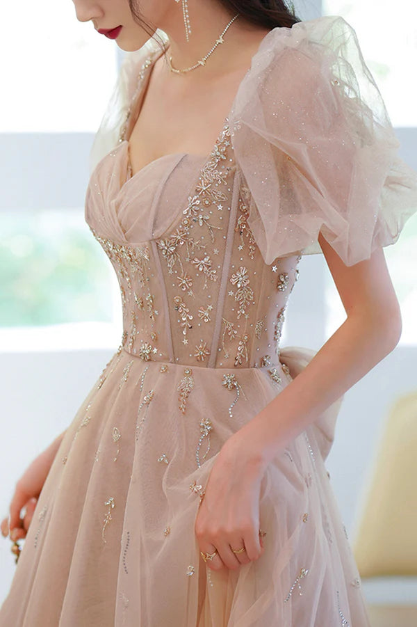 Cute Tulle Beaded Long Prom Dress A-Line Short Sleeve Evening Dress with Bow
