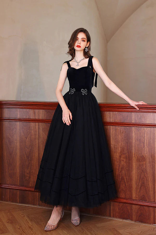 Black Velvet Tulle Long A-Line Prom Dress Black Evening Party Dress