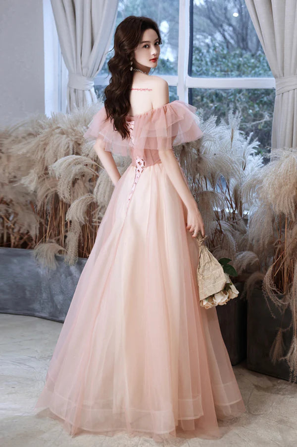 Pink Tulle Off the Shoulder Prom Dress Lovely A-Line Graduation Dress
