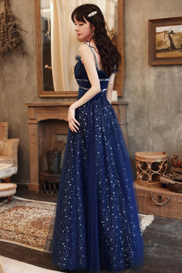 Blue Spaghetti Strap Tulle Prom Dress A-Line Evening Graduation Dress