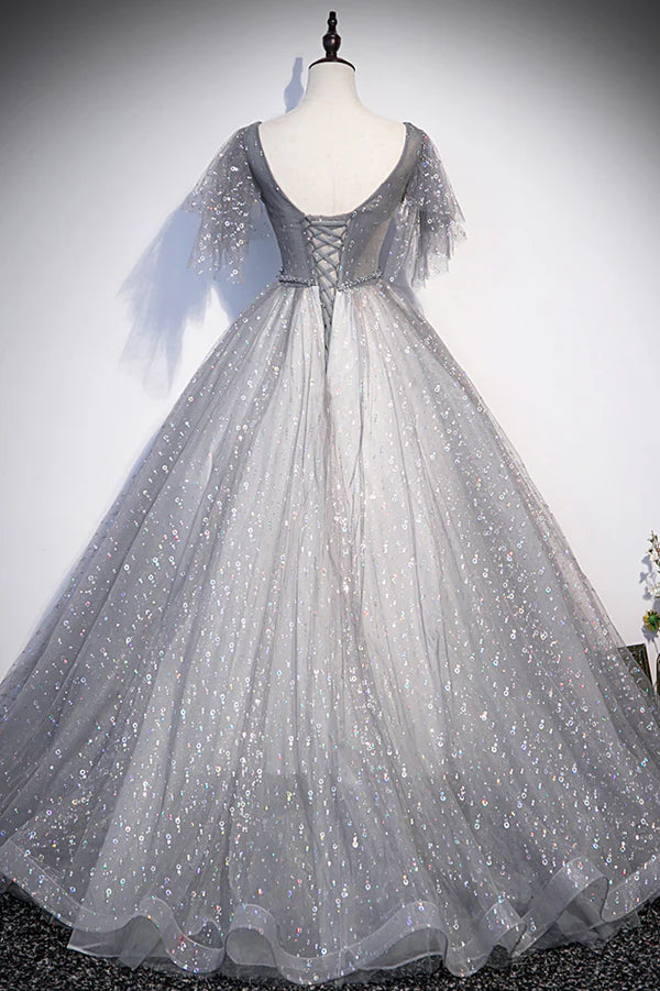 Gray V-Neck Tulle Sequins Long Prom Dress A-Line Short Sleeve Evening Dress