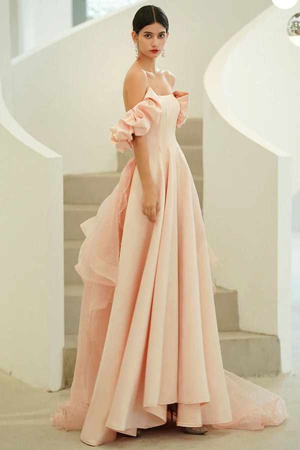 Pink Satin Long A-Line Prom Dress Pink Strapless Evening Party Dress