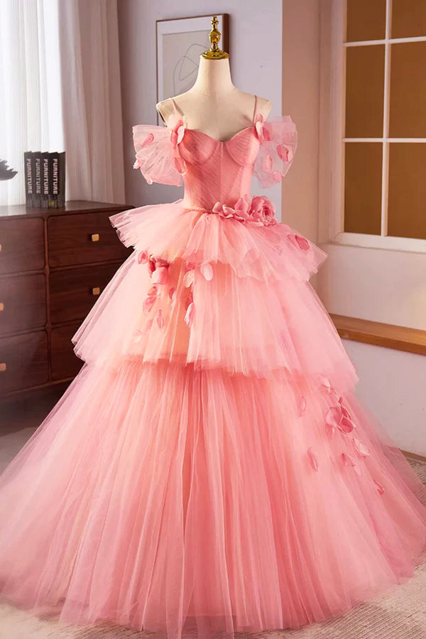 Pink Spaghetti Strap Tulle Long Prom Dress Beautiful A-Line Formal Sweet 16 Dress