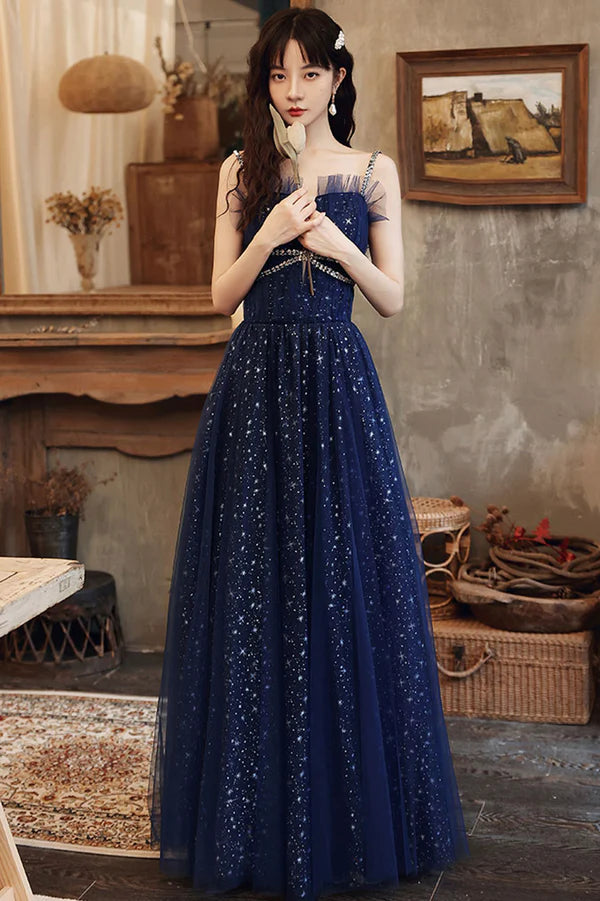 Blue Spaghetti Strap Tulle Prom Dress A-Line Evening Graduation Dress