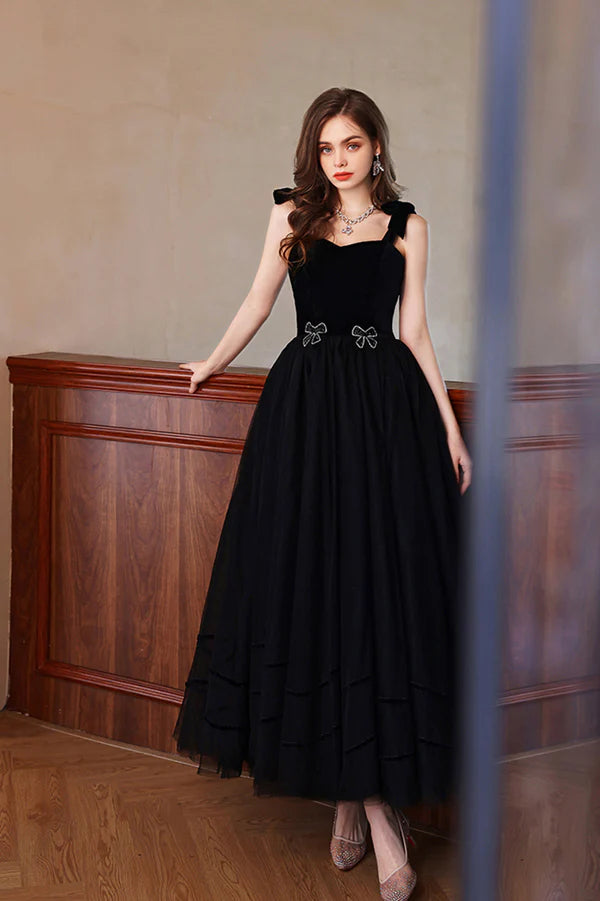 Black Velvet Tulle Long A-Line Prom Dress Black Evening Party Dress