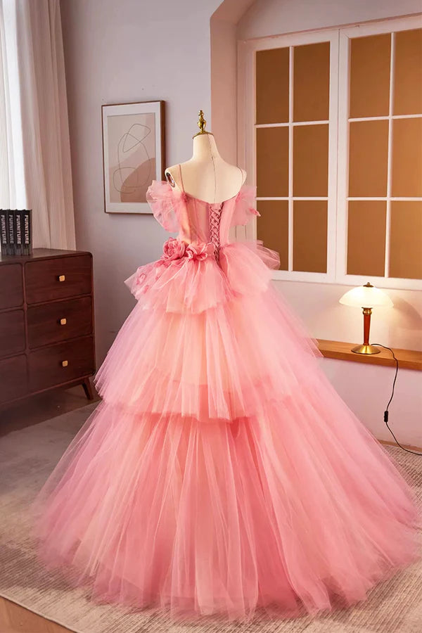 Pink Spaghetti Strap Tulle Long Prom Dress Beautiful A-Line Formal Sweet 16 Dress