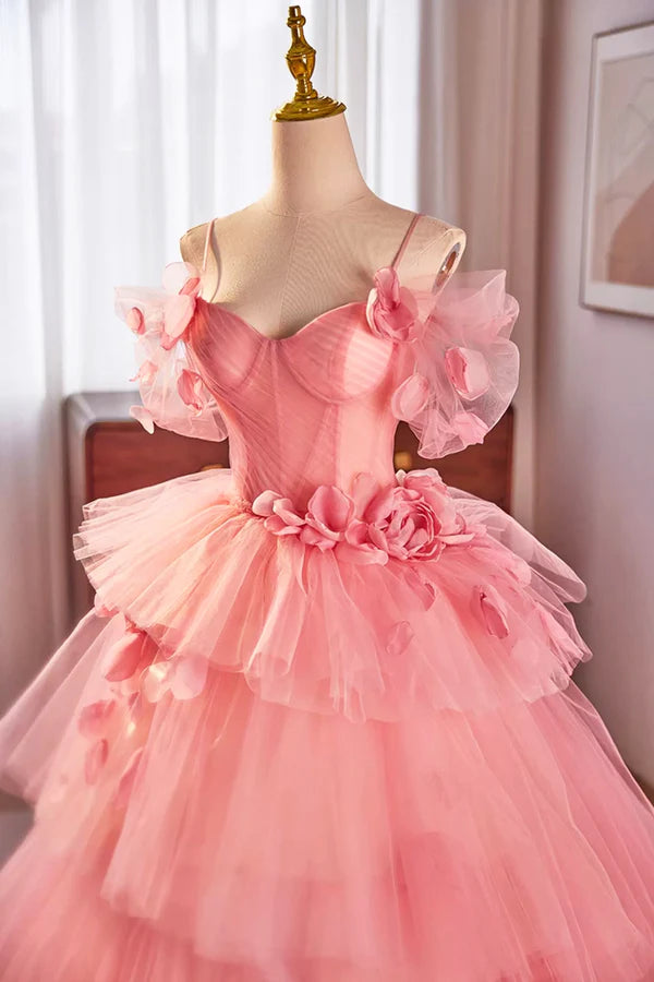 Pink Spaghetti Strap Tulle Long Prom Dress Beautiful A-Line Formal Sweet 16 Dress