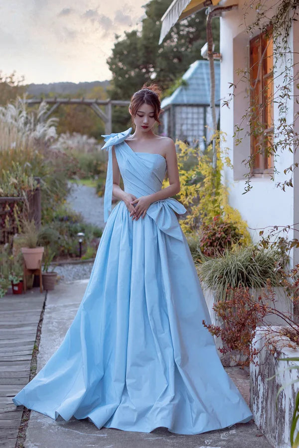 Blue Satin One Shoulder Floor Length Prom Dress Lovely A-Line Evening Party Dress