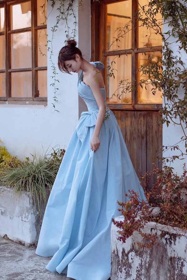 Blue Satin One Shoulder Floor Length Prom Dress Lovely A-Line Evening Party Dress