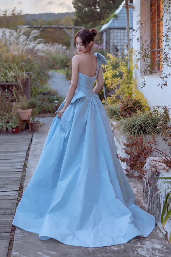 Blue Satin One Shoulder Floor Length Prom Dress Lovely A-Line Evening Party Dress
