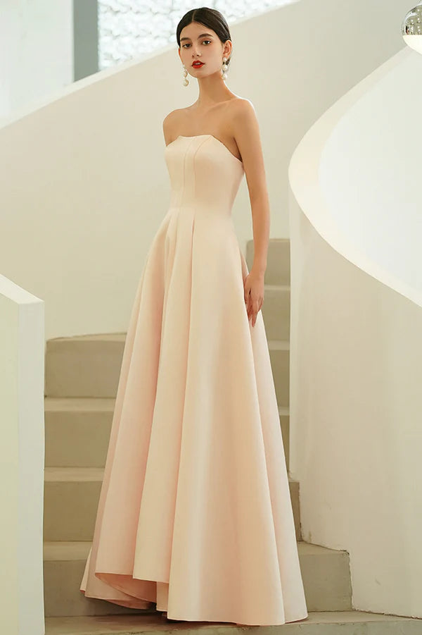 Pink Satin Long A-Line Prom Dress Pink Strapless Evening Party Dress