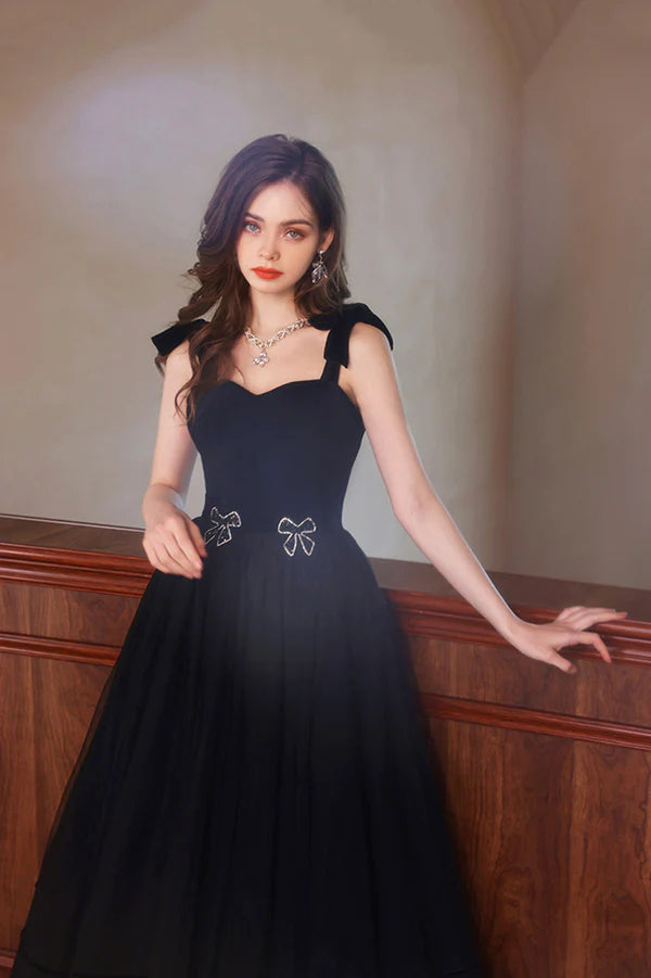 Black Velvet Tulle Long A-Line Prom Dress Black Evening Party Dress