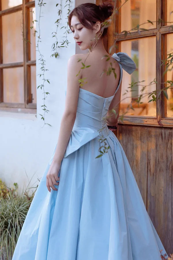 Blue Satin One Shoulder Floor Length Prom Dress Lovely A-Line Evening Party Dress