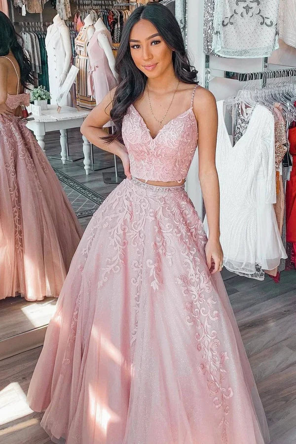 Pink Tulle Lace Long Prom Dress A-Line Two Pieces Graduation Dress
