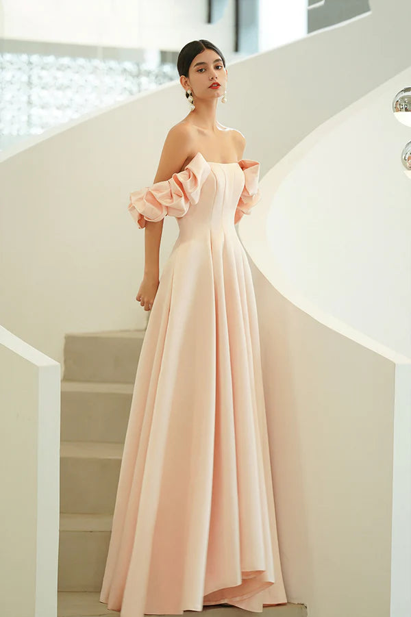 Pink Satin Long A-Line Prom Dress Pink Strapless Evening Party Dress