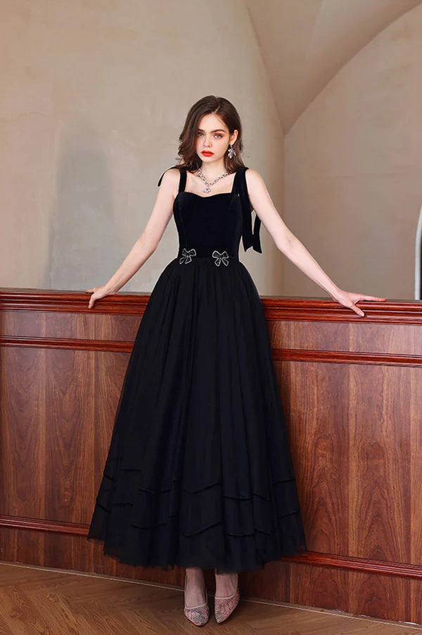 Black Velvet Tulle Long A-Line Prom Dress Black Evening Party Dress