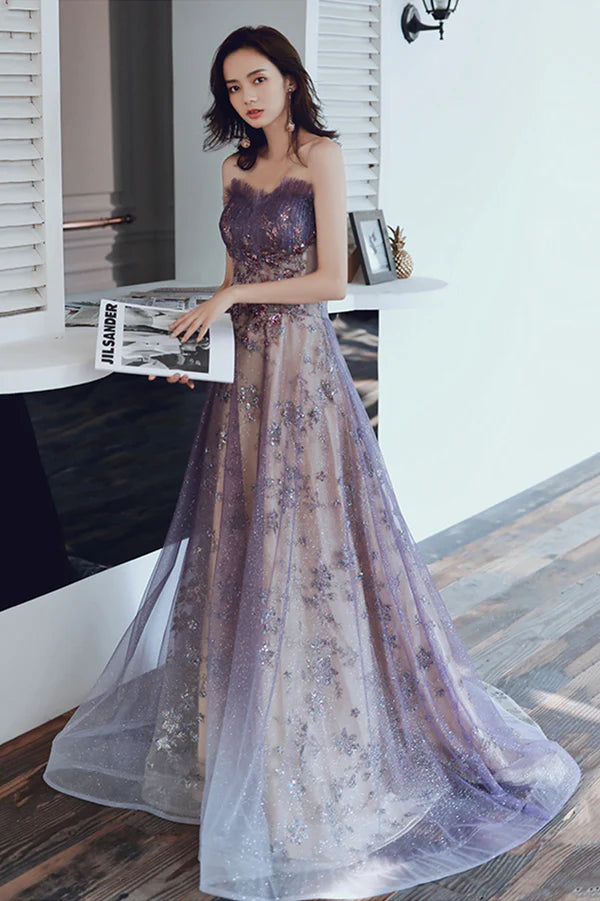 Purple Tulle Sequins Long Prom Dress A-Line Strapless Evening Party Dress