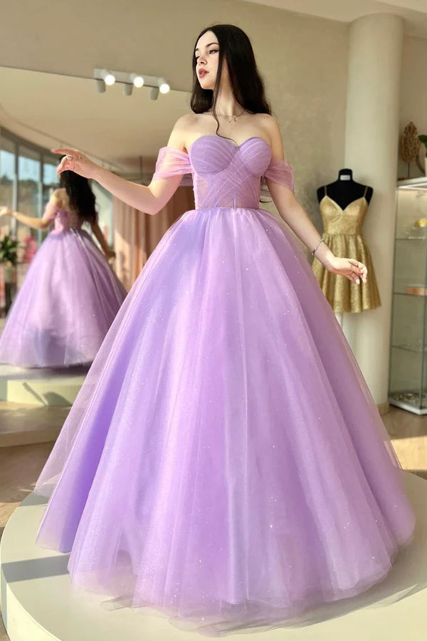 Purple Tulle Long A-Line Prom Dress Off Shoulder Evening Dress