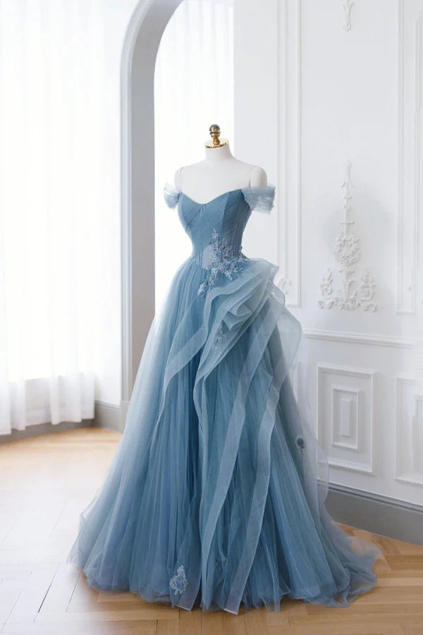 Dusty Blue Tulle Floor Length Prom Dresses Blue Off the Shoulder Removable Sleeve Evening Dress