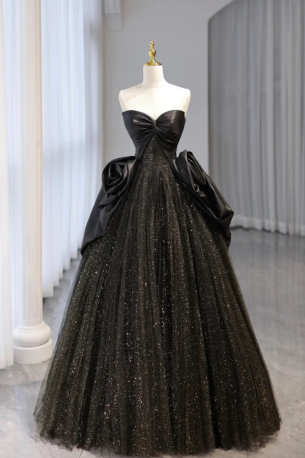 Black Strapless Satin and Tulle Long Prom Dress Beautiful A-Line Evening Party Dress