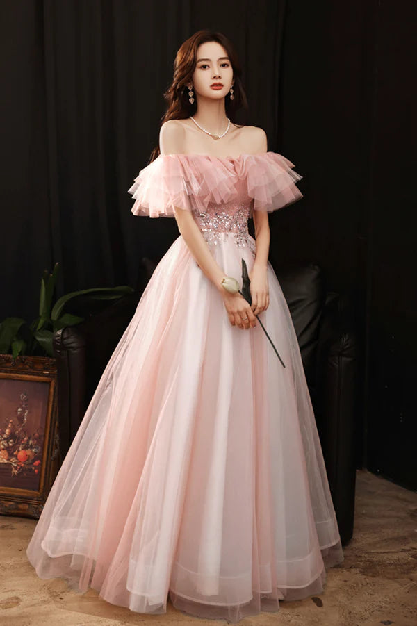 Pink Tulle Off the Shoulder Prom Dress Lovely A-Line Graduation Dress