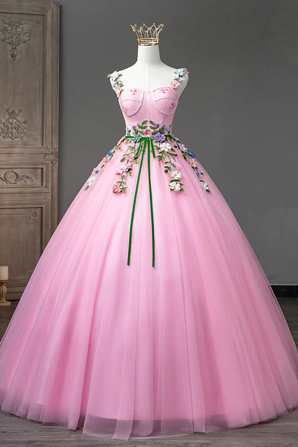 Pink Tulle Flower Long Prom Dresses Cute Spaghetti Sweet 16 Dresses