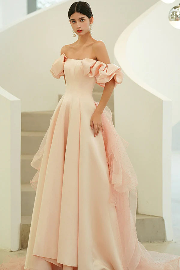 Pink Satin Long A-Line Prom Dress Pink Strapless Evening Party Dress