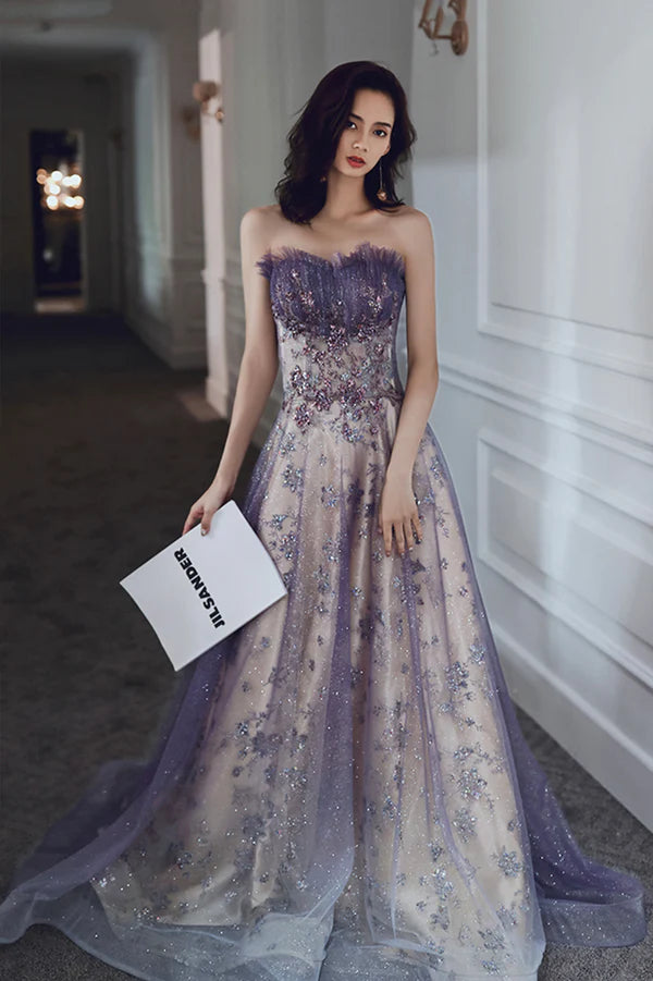 Purple Tulle Sequins Long Prom Dress A-Line Strapless Evening Party Dress