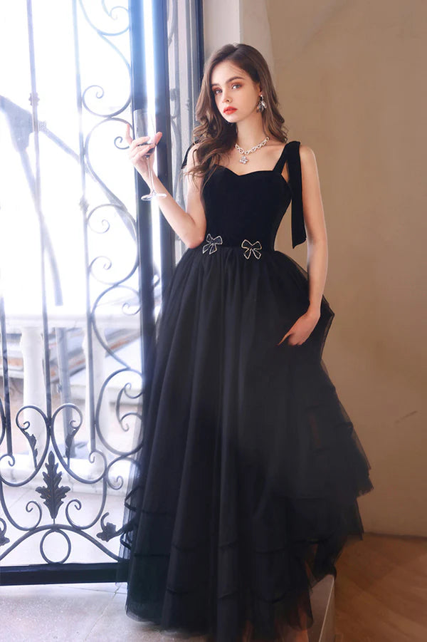 Black Velvet Tulle Long A-Line Prom Dress Black Evening Party Dress