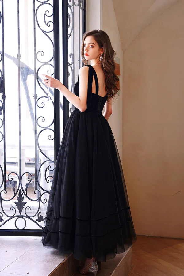 Black Velvet Tulle Long A-Line Prom Dress Black Evening Party Dress