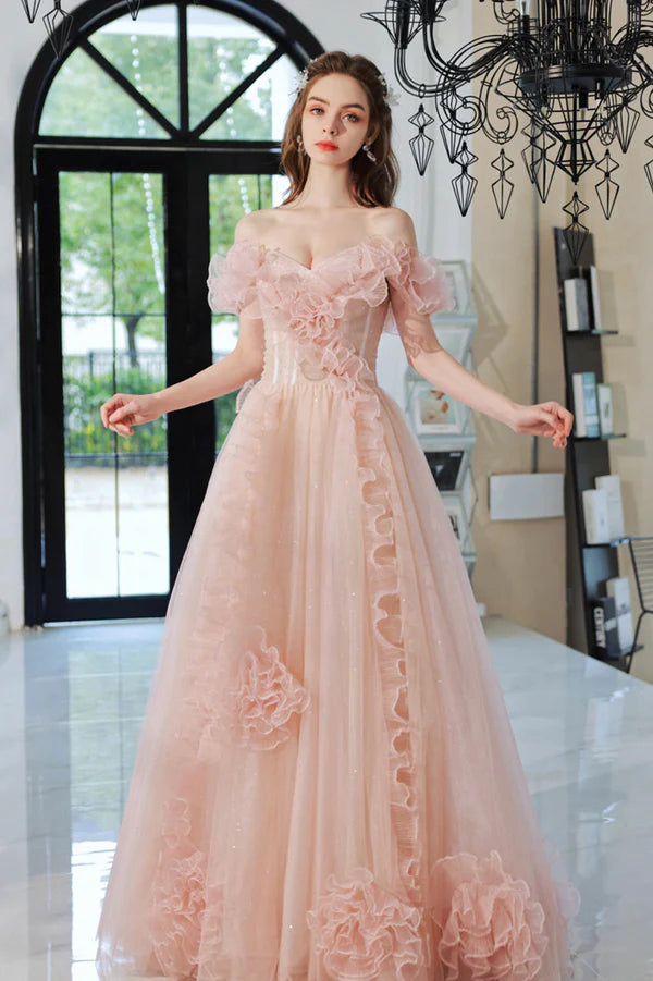 Pink Tulle Long A-Line Prom Dress Lovely Off the Shoulder Evening Dress
