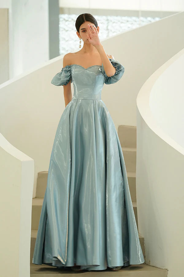 Blue Satin Long A-Line Prom Dress Off the Shoulder Evening Party Dress
