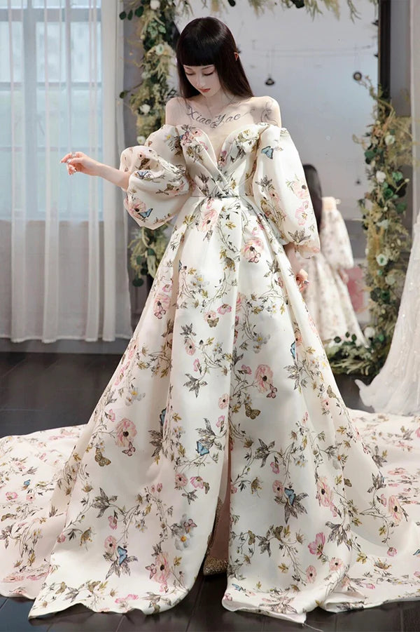 Stylish Printed Pattern Long Prom Dress White Long Sleeve Evening Party Dress