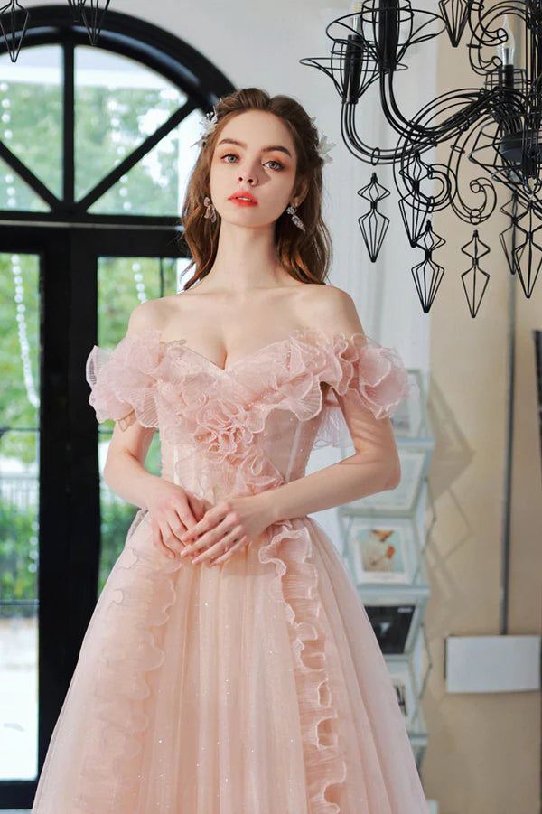 Pink Tulle Long A-Line Prom Dress Lovely Off the Shoulder Evening Dress