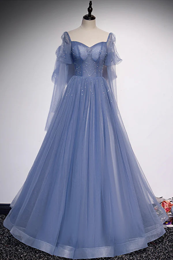 Blue Tulle Long Sleeve Prom Dress A-Line Blue Evening Party Dress