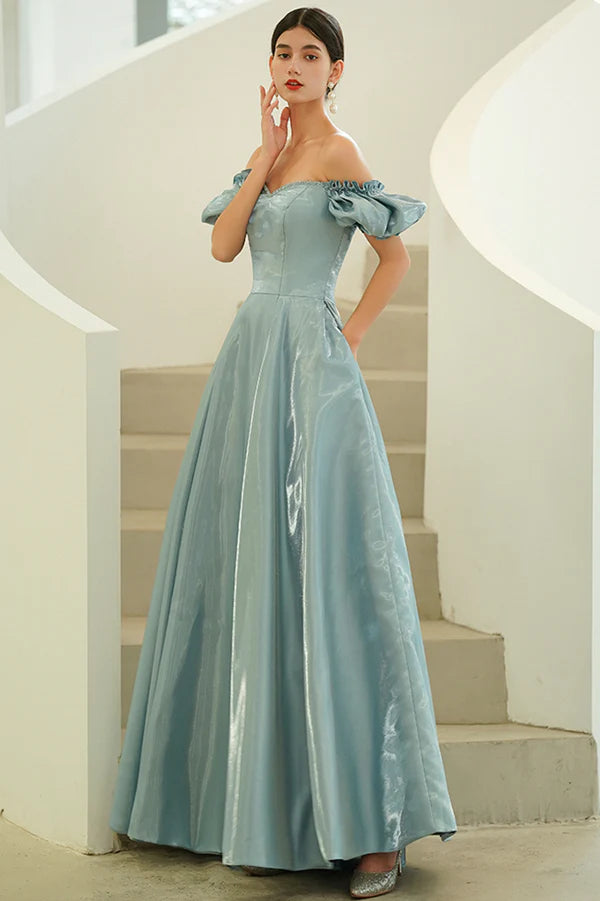 Blue Satin Long A-Line Prom Dress Off the Shoulder Evening Party Dress