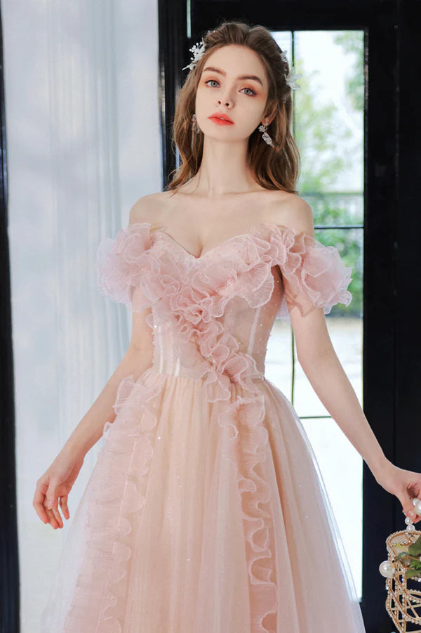 Pink Tulle Long A-Line Prom Dress Lovely Off the Shoulder Evening Dress