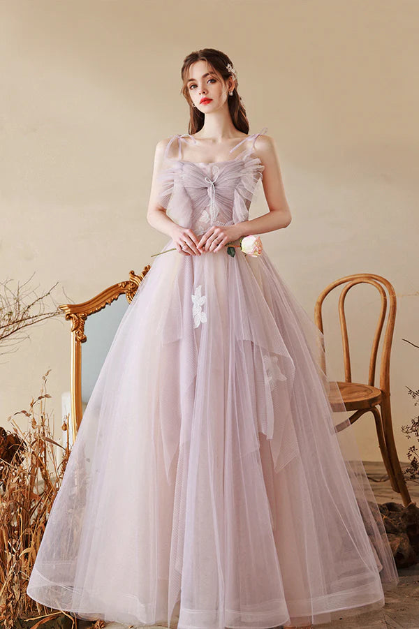 Cute Tulle Lace Long A-Line Prom Dress Spaghetti Straps Evening Dress